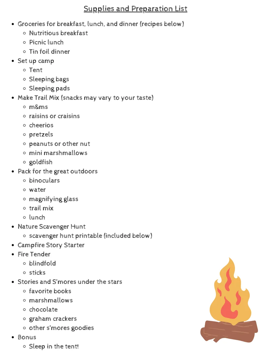 Family Fun Day Camp, Camping theme — supplies and preparation list